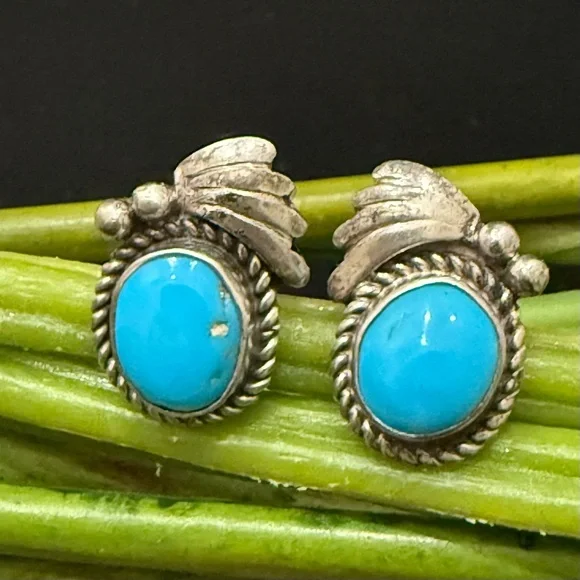 Vintage Signed D Native American Navajo Sterling Silver Turquoise Stud Earrings - Picture 1 of 14